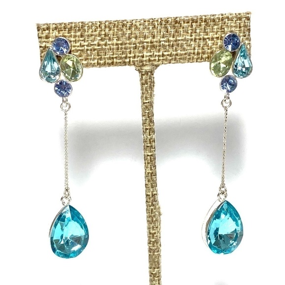 Earrings Dangles Drops Blue Rhinestones Silver Tone Long - Picture 11 of 11